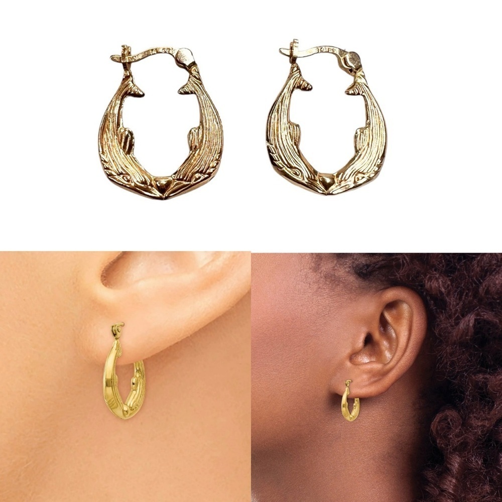 14K Pure Gold Double Dolphin Shaped Motif Hoop Earrings